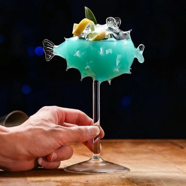 Pufferfish formet cocktailglass med glass sugerør | Skanto
