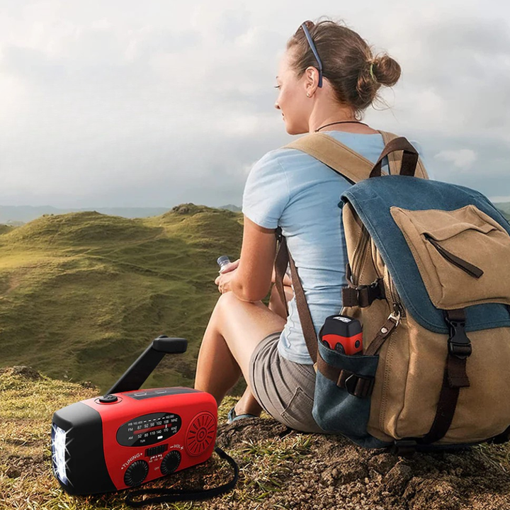 Notfall-Radio, håndkurbelbetriebene Solar-Taschenlampe med Wetterwarnung og Powerbank