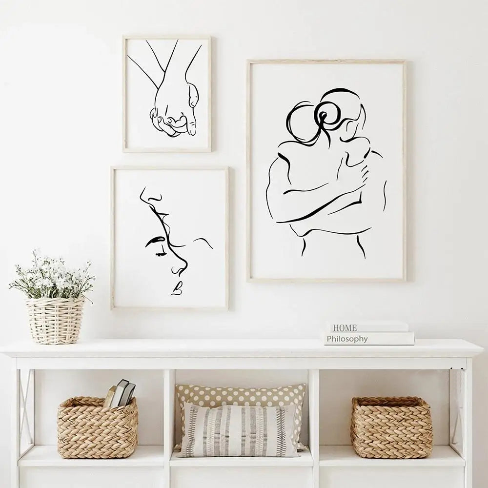 Romantiske elskere minimalistisk figurkunst linjekunst veggkunst fin kunst lerretsutskrifter bilder for soverom stue hjemme kontor dekor | Skanto