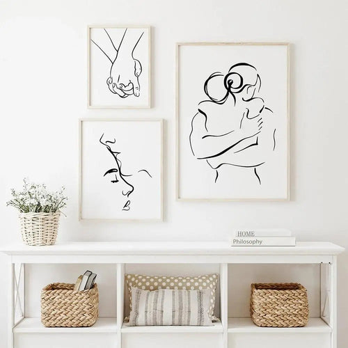 Romantiske elskere minimalistisk figurkunst linjekunst veggkunst fin kunst lerretsutskrifter bilder for soverom stue hjemme kontor dekor | Skanto