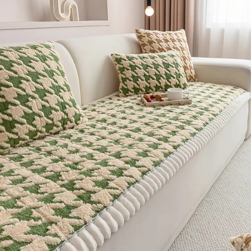 Skanto | Fargerik Plush Houndstooth Sofa Dekke og Putetrekk