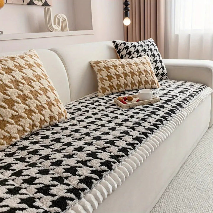 Skanto | Fargerik Plush Houndstooth Sofa Dekke og Putetrekk