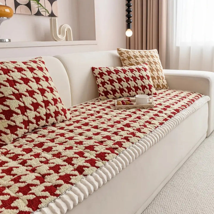 Skanto | Fargerik Plush Houndstooth Sofa Dekke og Putetrekk