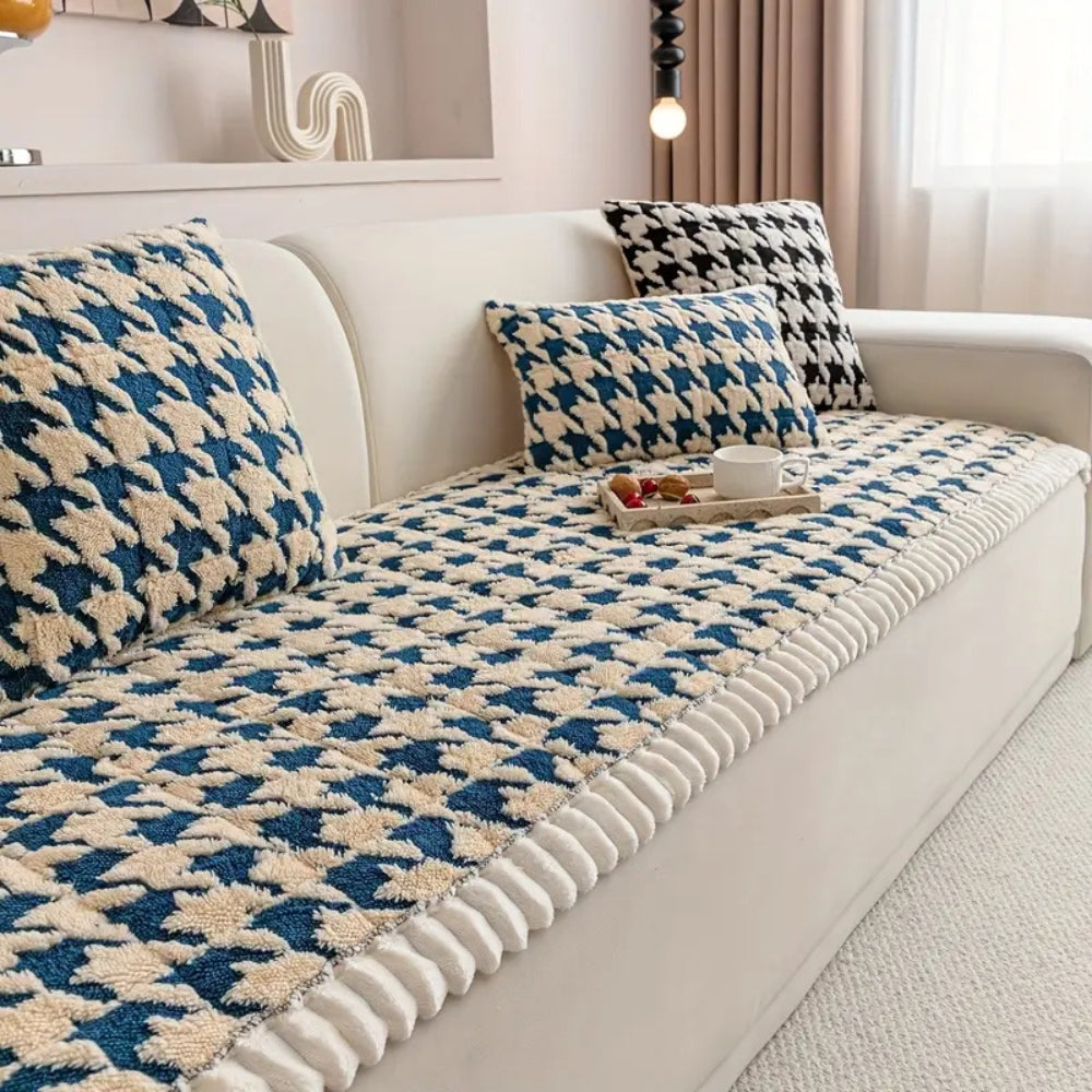 Skanto | Fargerik Plush Houndstooth Sofa Dekke og Putetrekk