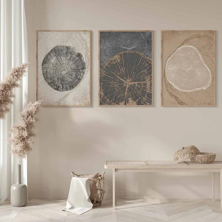 Rustikale trekring Abstrakt nordisk veggkunst Fine Art lerrettrykk Nøytrale tonene Beige/Grey/Black Tre bilder For stue Spisestue Kunst Dekor | Skanto