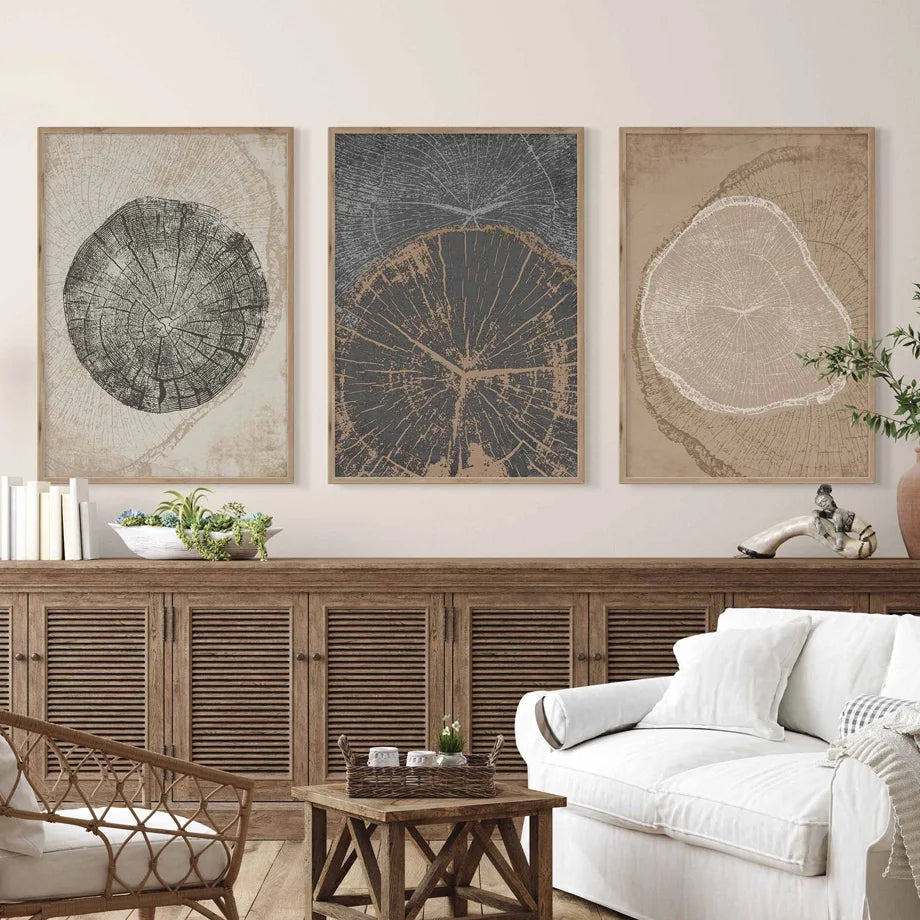 Rustikale trekring Abstrakt nordisk veggkunst Fine Art lerrettrykk Nøytrale tonene Beige/Grey/Black Tre bilder For stue Spisestue Kunst Dekor | Skanto