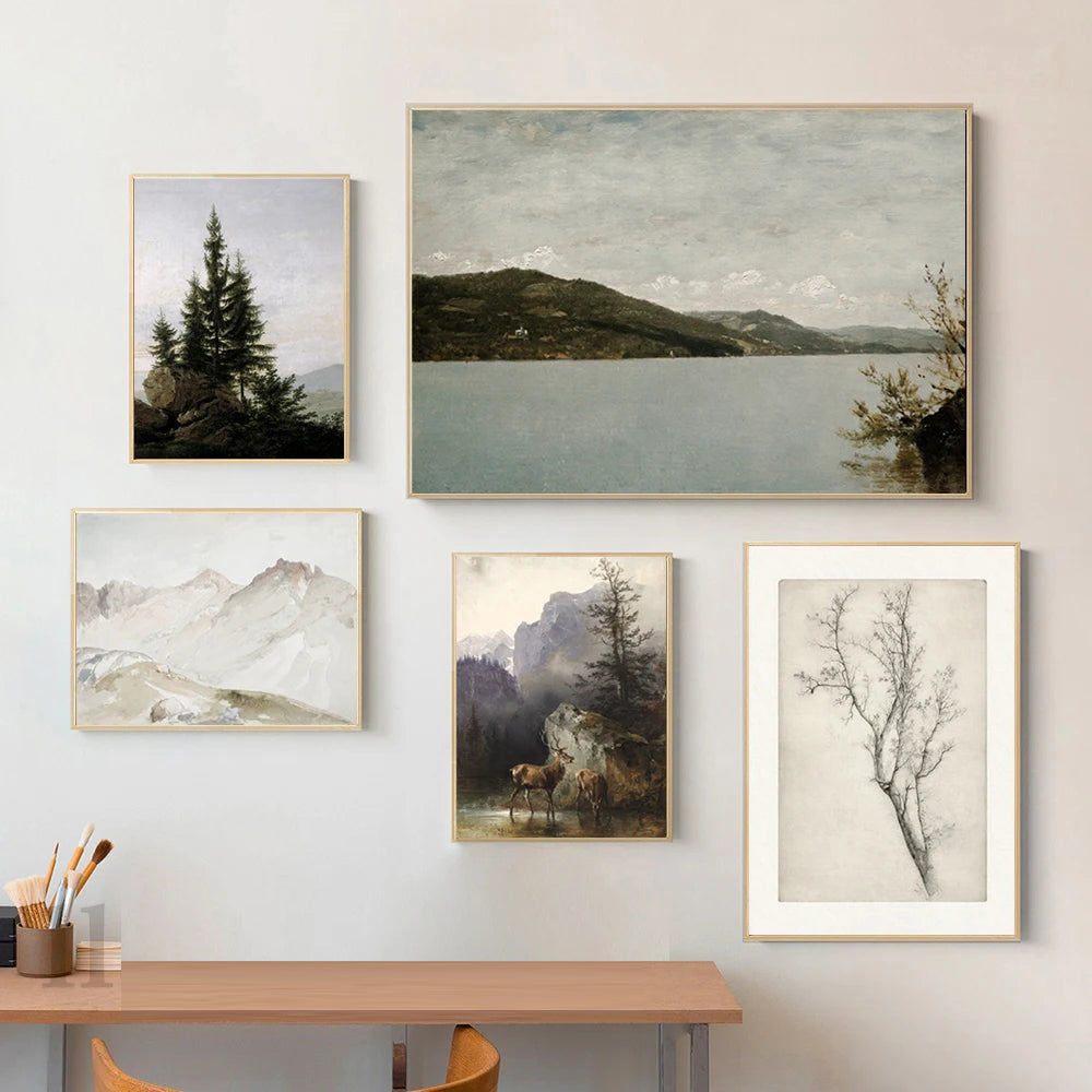Rustikk Vintage Landskap Oljemaleri Fjell Skog Veggkunst Fine Art Lerret Utskrifter Galleri Veggbilder For Stue Spisestue Kunst Dekorasjon | Skanto