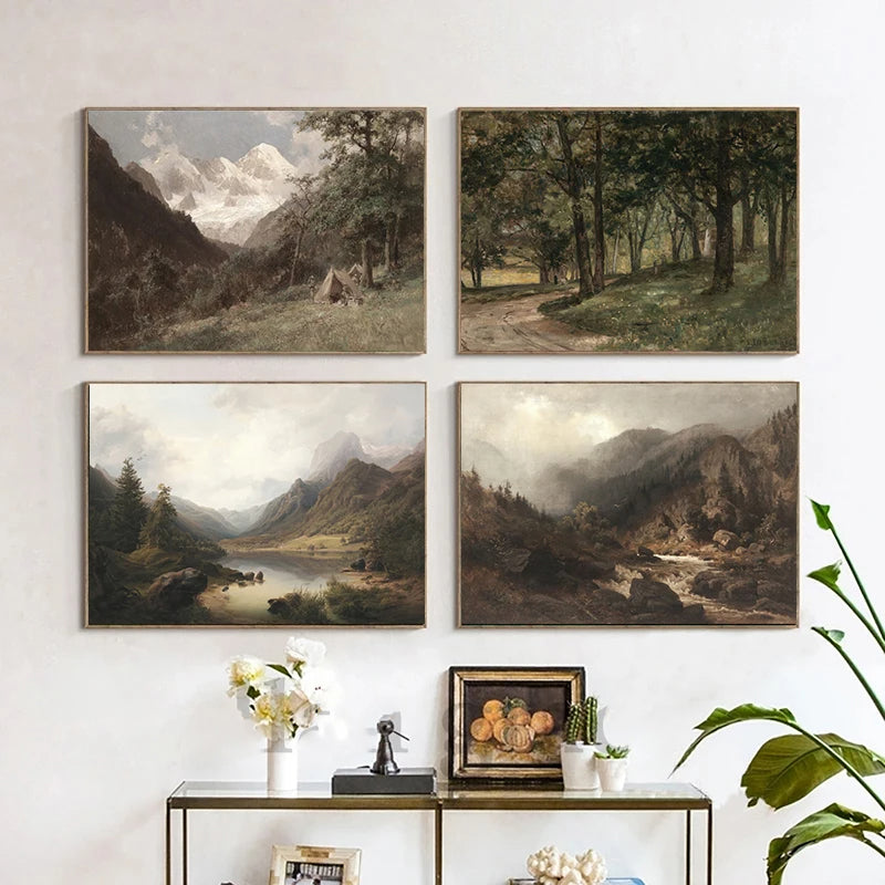 Rustikk Vintage Landskap Oljemaleri Fjell Skog Veggkunst Fine Art Lerret Utskrifter Galleri Veggbilder For Stue Spisestue Kunst Dekorasjon | Skanto