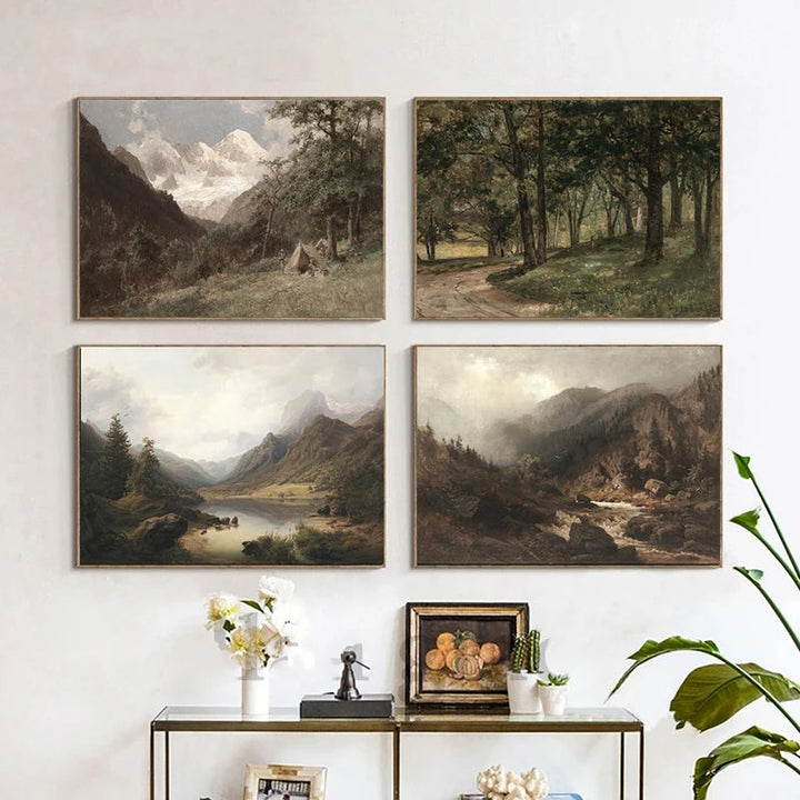 Rustikk Vintage Landskap Oljemaleri Fjell Skog Veggkunst Fine Art Lerret Utskrifter Galleri Veggbilder For Stue Spisestue Kunst Dekorasjon | Skanto
