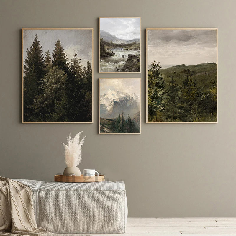 Rustikk Vintage Landskap Oljemaleri Fjell Skog Veggkunst Fine Art Lerret Utskrifter Galleri Veggbilder For Stue Spisestue Kunst Dekorasjon | Skanto
