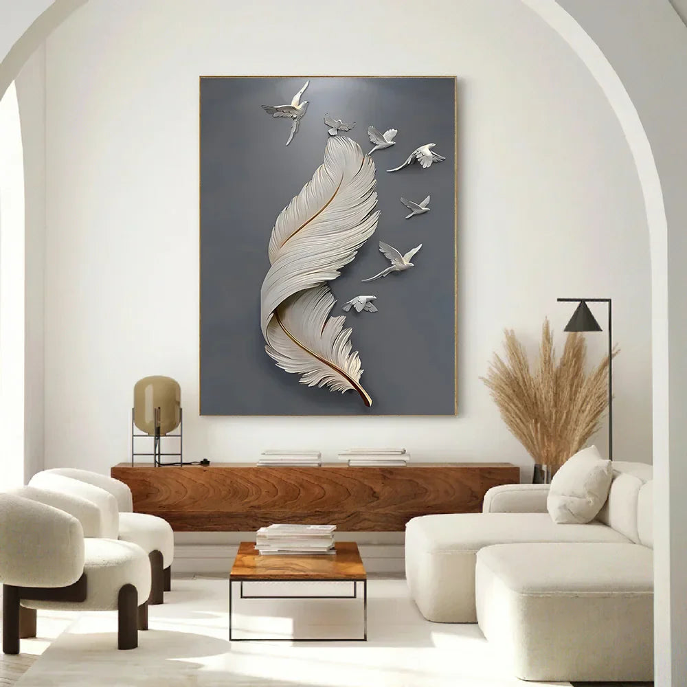 Seven Birds Feather Wall Art Fine Art Canvas Prints 3d Visualisering Minimalistisk Abstrakt Bilder For Stue Entré, Foyer Kunst Dekor | Skanto