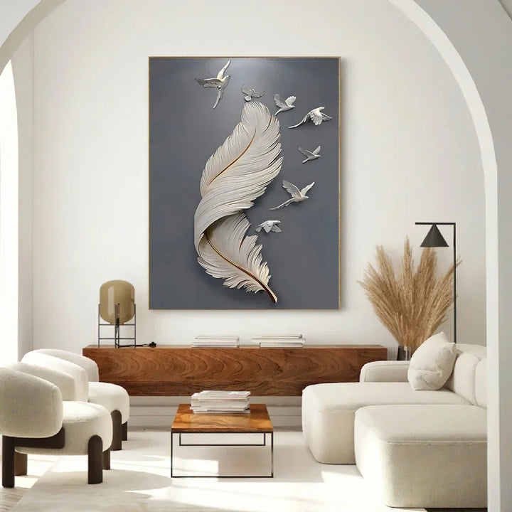 Seven Birds Feather Wall Art Fine Art Canvas Prints 3d Visualisering Minimalistisk Abstrakt Bilder For Stue Entré, Foyer Kunst Dekor | Skanto