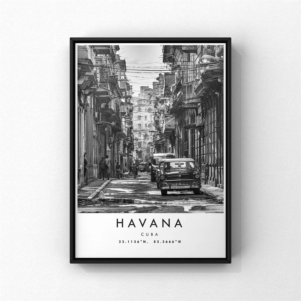 Cuba Havana Black & White Reiseplakat Veggkunst Fine Art Lærred Trykk Bilder For Stue Spisestue | Skanto