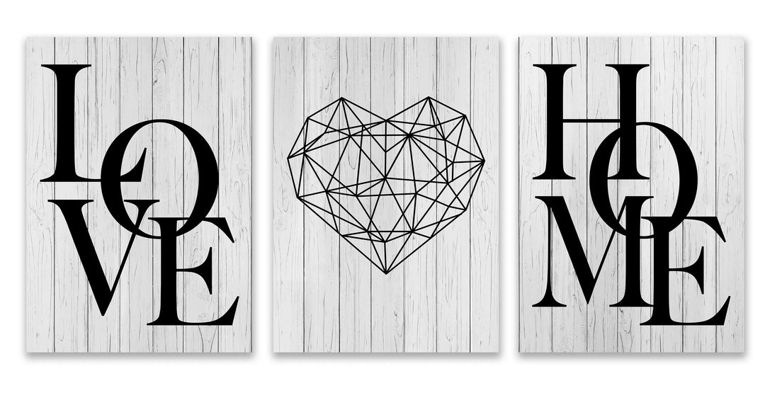 Sett med 3Pcs Geometric Love Home Heart Wall Art Fine Art Canvas Prints Black White Minimalist Posters Pictures For Living Room Bedroom Art Decor | Skanto