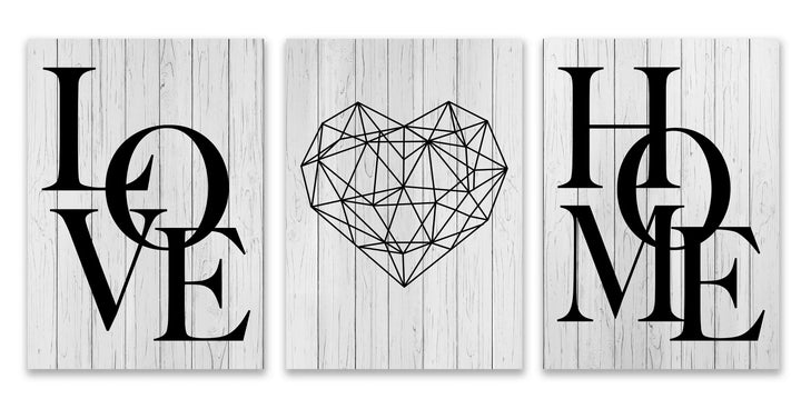 Sett med 3Pcs Geometric Love Home Heart Wall Art Fine Art Canvas Prints Black White Minimalist Posters Pictures For Living Room Bedroom Art Decor | Skanto