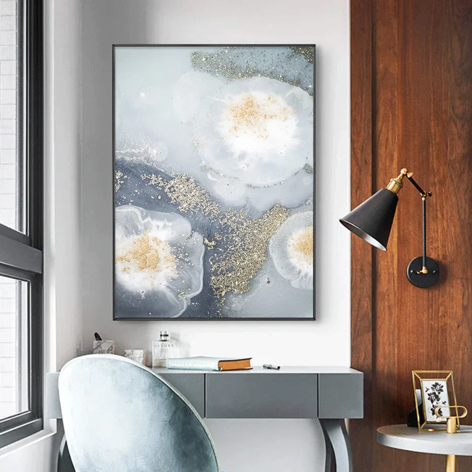 Blå Hvit Gylden Abstrakt Floral Veggkunst Fine Art Lerretsutskrifter Plakatbilde For Moderne Stue Soverom Nordisk Hjem Dekor | Skanto