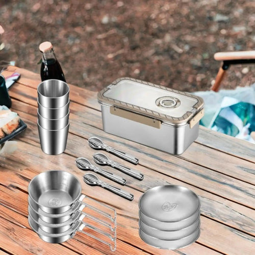 Frendorf | Camping Messware Kit Rustfritt Stål Servise med Oppbevaringsboks – CampSet