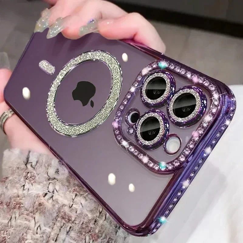Luksus Glitter Bling MagSafe-deksel med krystalllinse for iPhone 15 16 11 12 13 14 Pro Max 16 Plus magnetisk trådløs lading gjennomsiktig deksel