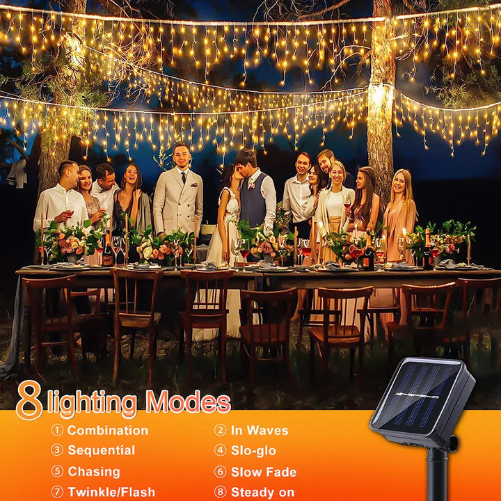 Vanntette solcelleledning juletrelys - Utendørs juledekorasjon med 96 LED-lamper, 8 moduser og fjernkontroll for hage, terrasse, fest 3,5 m (137,7 tommer)
