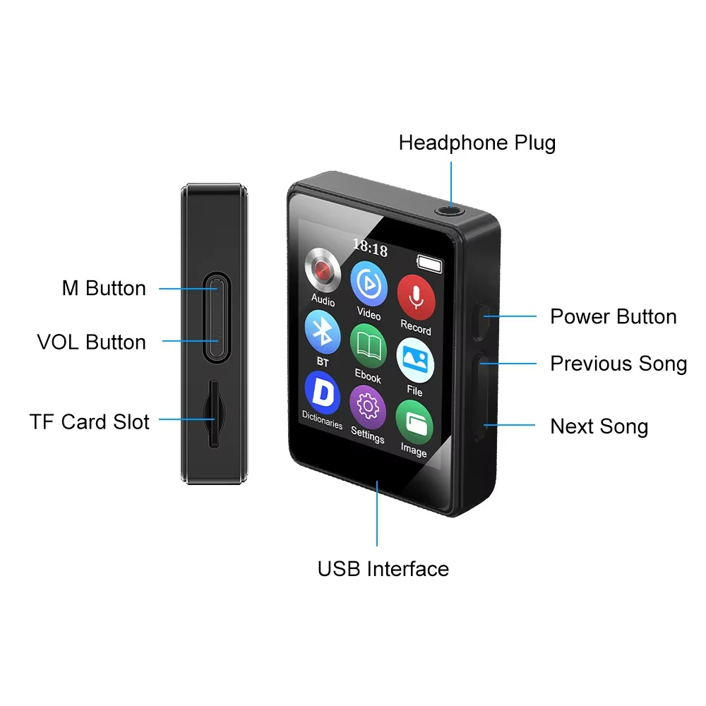 Tragbarer Bluetooth-MP3-spiller med HiFi-Stereoanlage, Mini-MP4-Videospiller, LED-bilde og sprachaufzeichnung