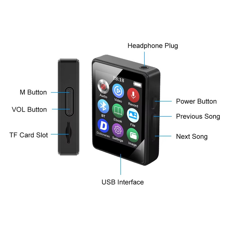 Tragbarer Bluetooth-MP3-spiller med HiFi-Stereoanlage, Mini-MP4-Videospiller, LED-bilde og sprachaufzeichnung