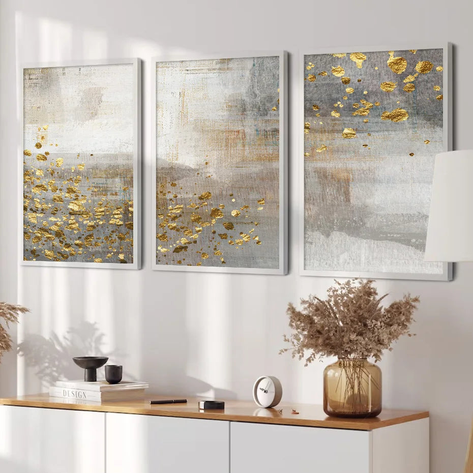Beige Grå Gylden Prikkete Vintage Abstrakt Veggkunst Fine Art Lærredsutskrifter Samtidsbilder for Elegante Interiører | Skanto