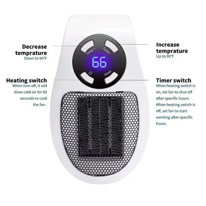 Skanto | ThermoEase 350W Kompakt Varmeapparat | Vegguttak Varmer med Fjernkontroll | LED Skjerm & Timer | 180° Rotasjoner Plugg