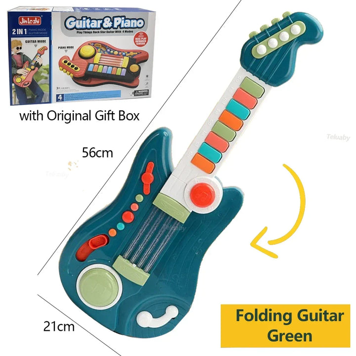Multifunksjonell 3-i-1 Musikkelek for barn - Foldbar gitar, piano og trommesett, Perfekt bursdagsgave til gutter og jenter fra 3 år+