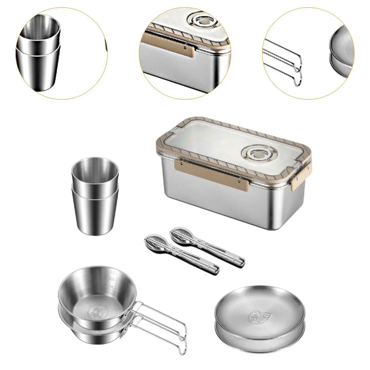Frendorf | Camping Messware Kit Rustfritt Stål Servise med Oppbevaringsboks – CampSet
