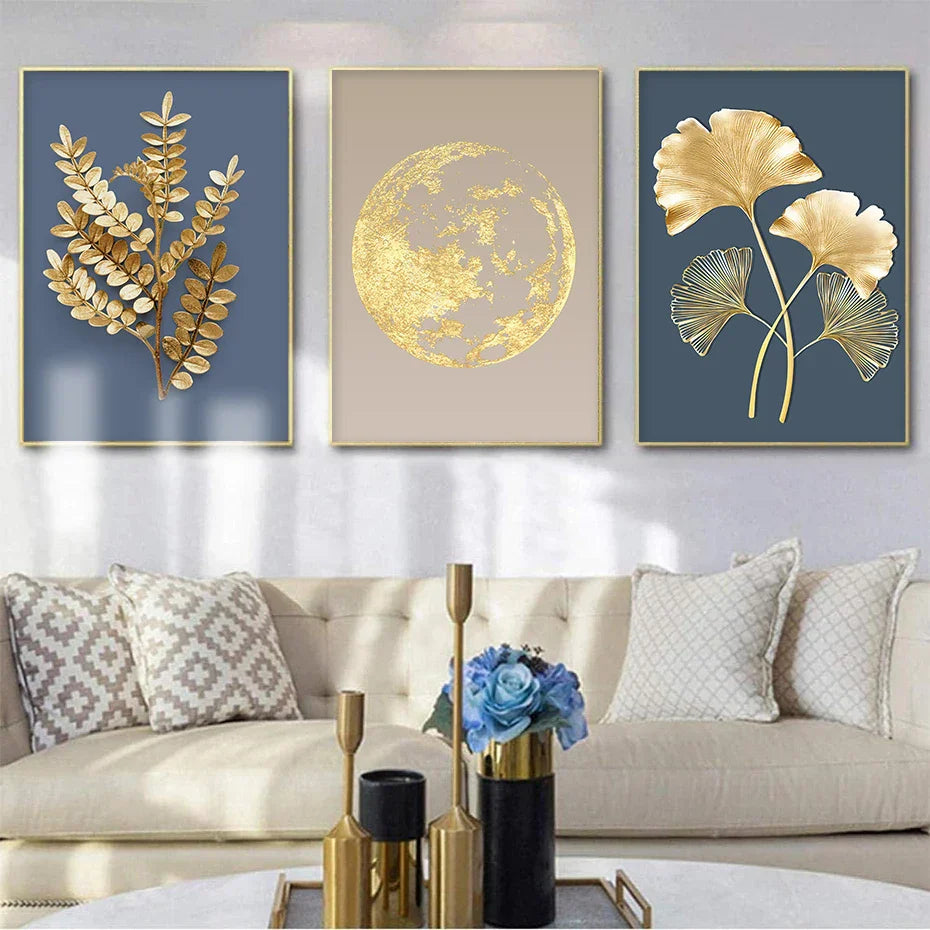 Blå Minimalistisk Gylden Abstrakt Blomster Veggkunst Fine Art Lerret Utskrifter Bilder For Luksus Stue Spisestue Hjemmekontor Kunst Dekor | Skanto