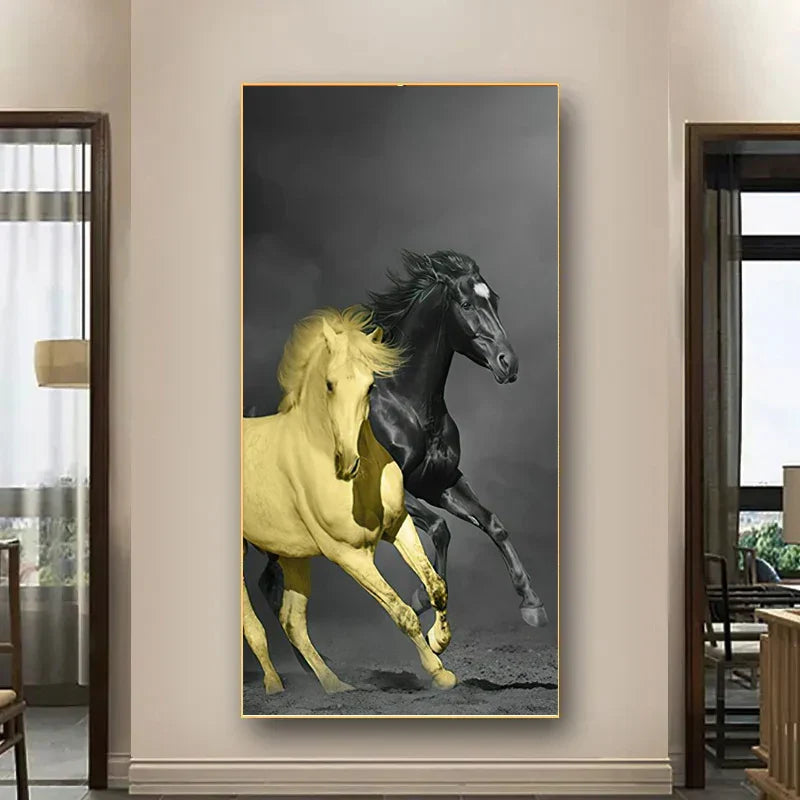 Elegant Ritter Veggkunst Fine Art Lerrettrykk Majestetisk Brunt Hesteportrett på abstrakt oransje bakgrunn for bilder for moderne interiør | Skanto