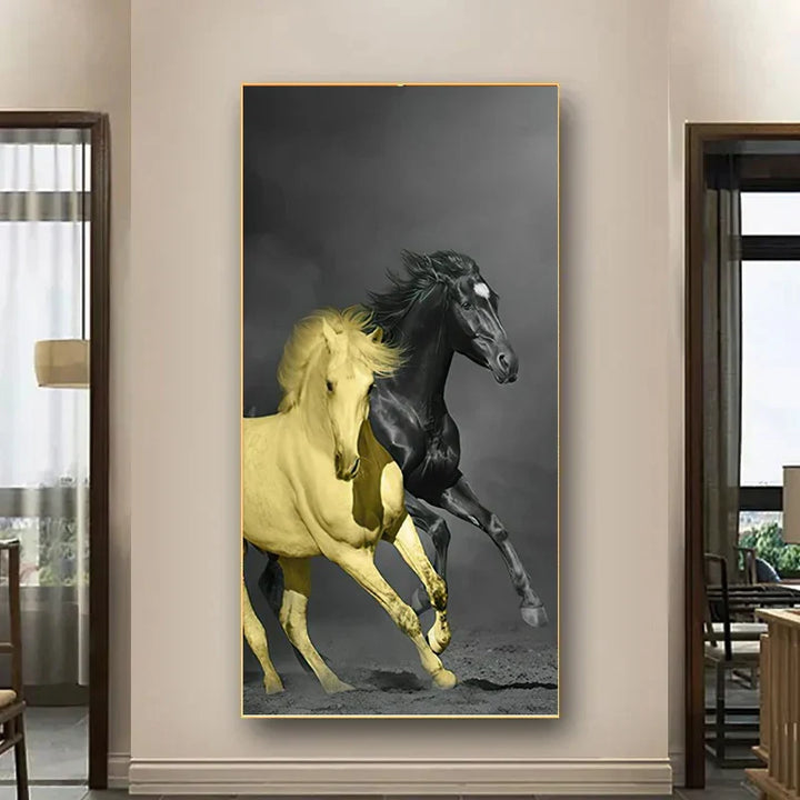 Elegant Ritter Veggkunst Fine Art Lerrettrykk Majestetisk Brunt Hesteportrett på abstrakt oransje bakgrunn for bilder for moderne interiør | Skanto