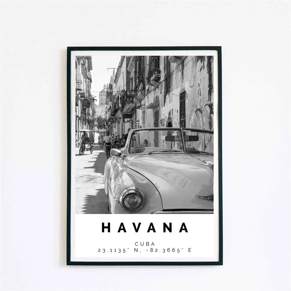 Cuba Havana Black & White Reiseplakat Veggkunst Fine Art Lærred Trykk Bilder For Stue Spisestue | Skanto