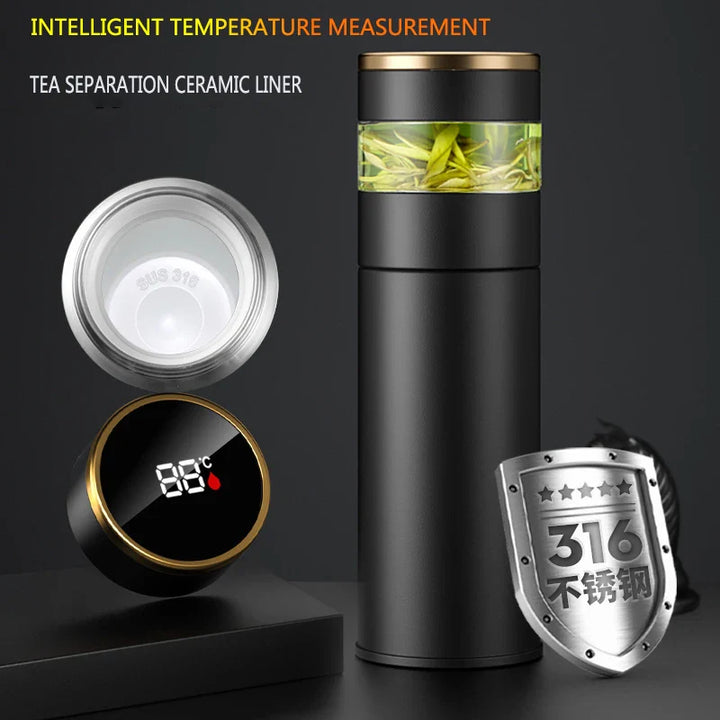 Skanto | ThermoBrew | Isolert flaske med LED temperaturskjerm og tefilter | 450 ml | Rustfritt stål 304 | Svart