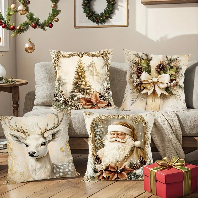 Skanto | GoldenVintage Putetrekk Sett med 4 | Juledesign med Julenisse, Reinsdyr & Sløyfe | Sofa Dekor & Stue | 45×45 cm