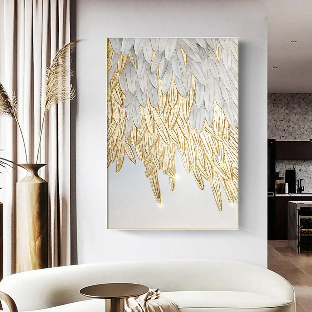 Moderne Abstrakt Gylden Fjærdesign Veggkunst Fin Kunst Lerretsutskrifter Bilde For Luksus Stue Soverom Entré Foyer Kunst Dekor | Skanto