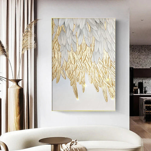 Moderne Abstrakt Gylden Fjærdesign Veggkunst Fin Kunst Lerretsutskrifter Bilde For Luksus Stue Soverom Entré Foyer Kunst Dekor | Skanto