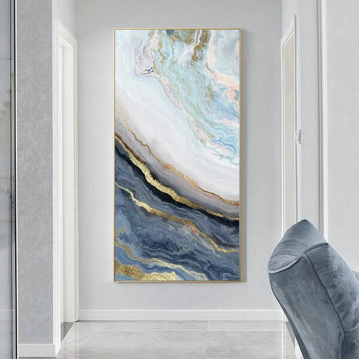Blå Gylden Flytende Marmor Essens Veggkunst Fine Art Lerretsutskrifter Bilder For Moderne Leilighet Luksus Stue Kunst Dekor | Skanto