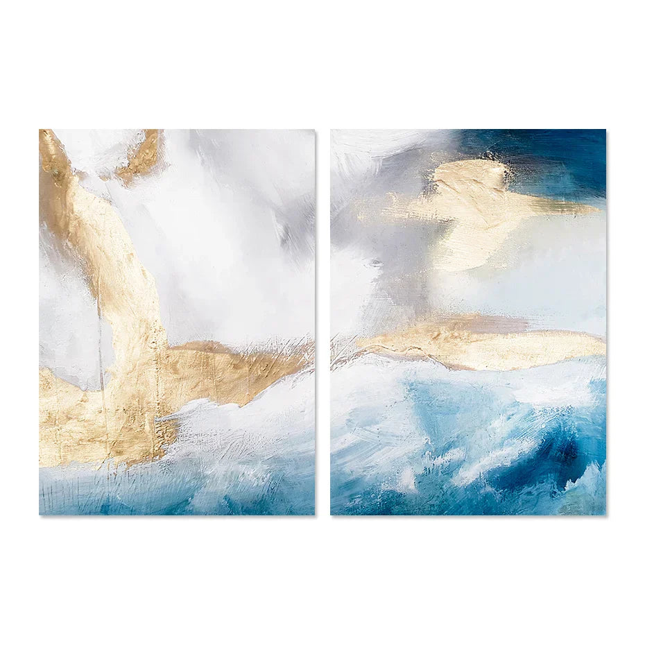 Serene Seascape Veggkunst Abstrakte Havbølger Med Gyldne Accenter Fine Art Lerretstrykk Bilder For Stue Soverom Nordisk Hjem Dekor | Skanto