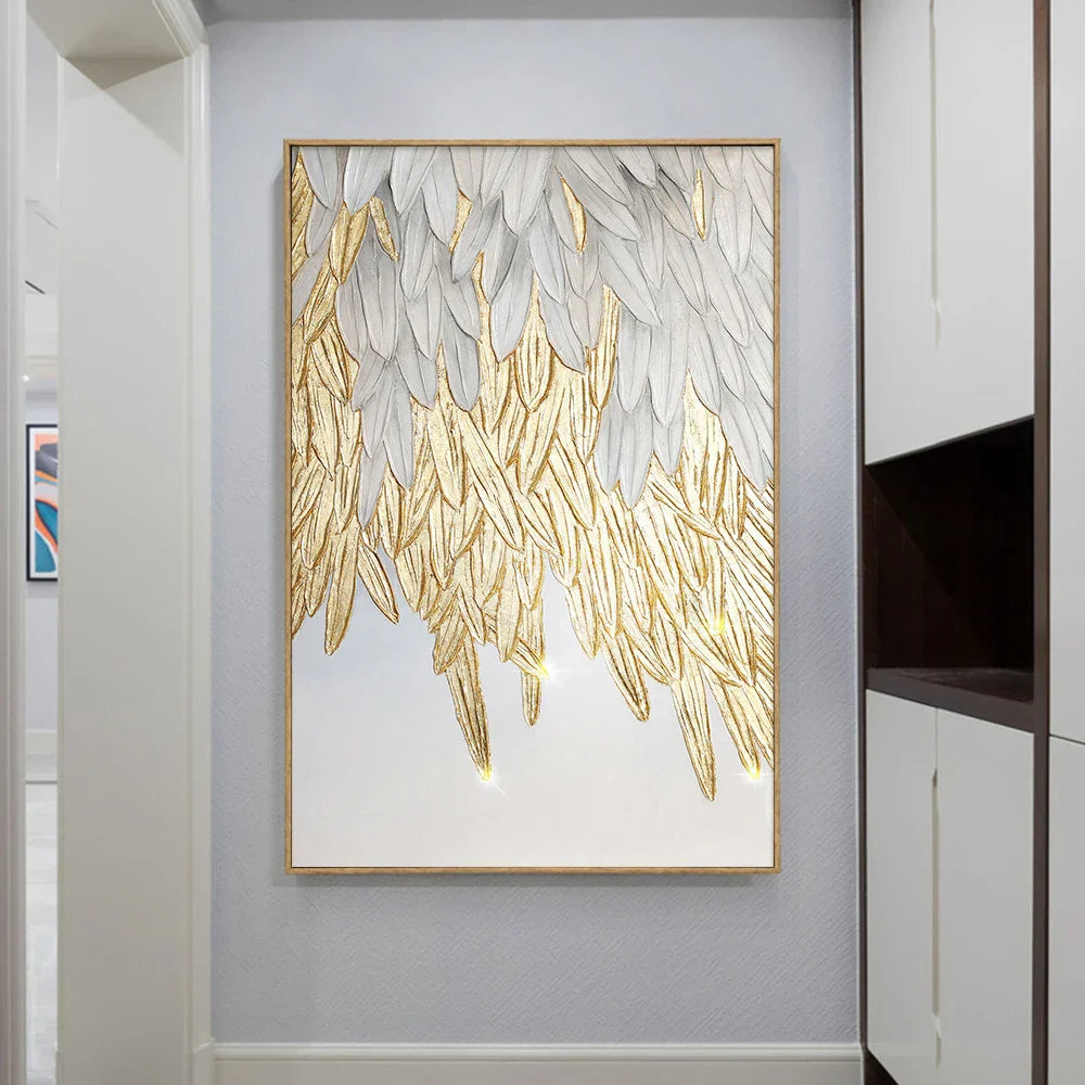 Moderne Abstrakt Gylden Fjærdesign Veggkunst Fin Kunst Lerretsutskrifter Bilde For Luksus Stue Soverom Entré Foyer Kunst Dekor | Skanto
