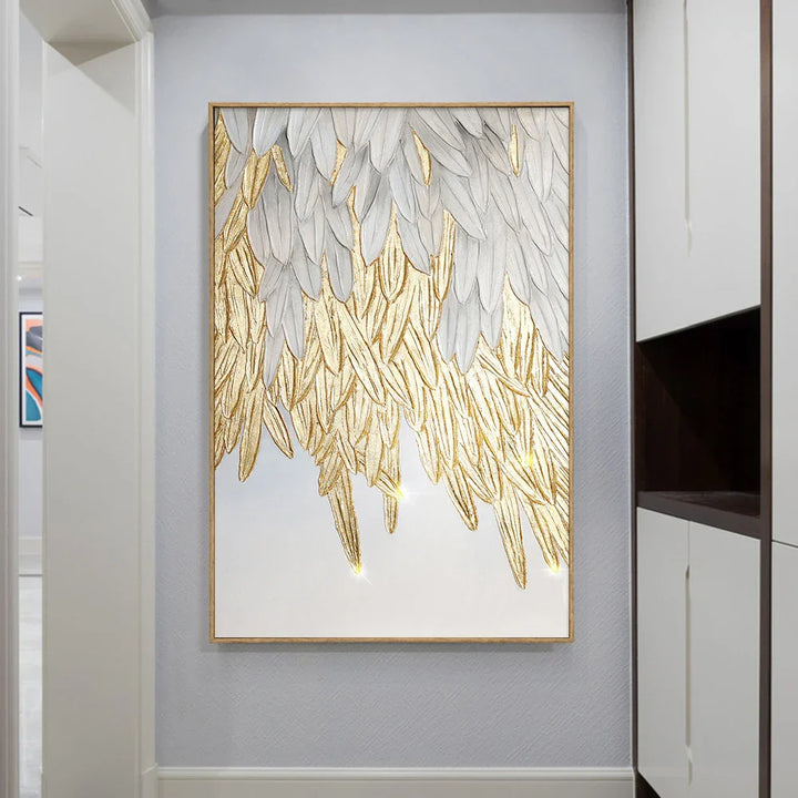 Moderne Abstrakt Gylden Fjærdesign Veggkunst Fin Kunst Lerretsutskrifter Bilde For Luksus Stue Soverom Entré Foyer Kunst Dekor | Skanto