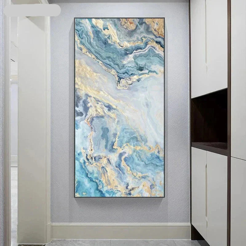 Blå Gylden Flytende Marmor Essens Veggkunst Fine Art Lerretsutskrifter Bilder For Moderne Leilighet Luksus Stue Kunst Dekor | Skanto
