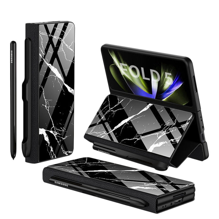 Skanto | Støtbestandig Rustningssak Glassdeksler Stativ Sett Inn Kort Lærsak for Samsung Galaxy Z Fold 5/4