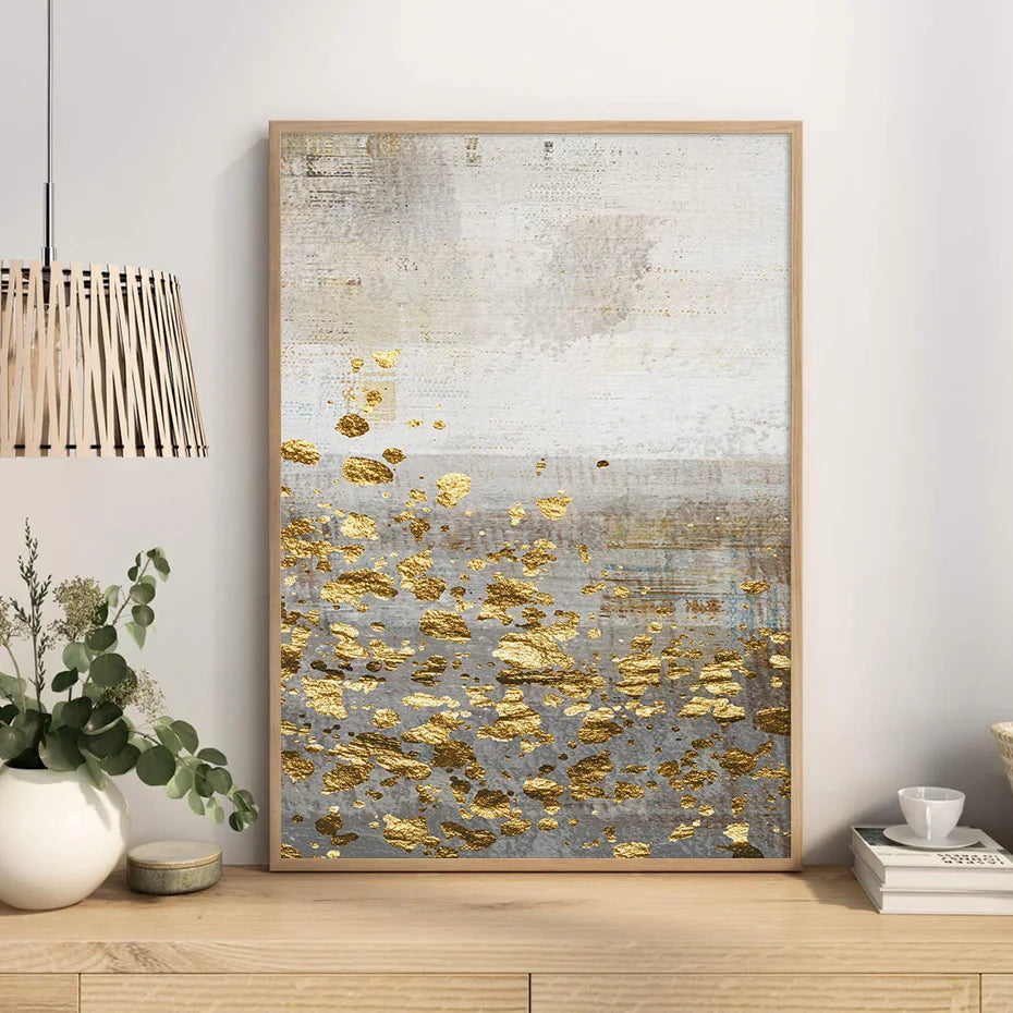 Beige Grå Gylden Prikkete Vintage Abstrakt Veggkunst Fine Art Lærredsutskrifter Samtidsbilder for Elegante Interiører | Skanto
