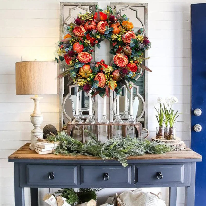 Skanto | Autumna Charm Høsthjerte | Grønn & Rattan | 40 cm | Håndlaget Dekorasjon for Høst & Thanksgiving