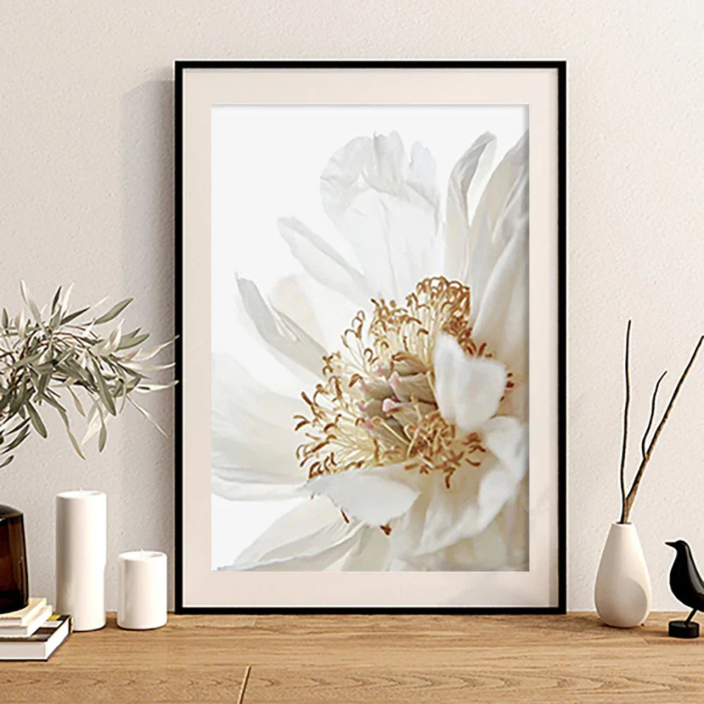 Moderne hvite & gyldne blomster veggkunst fine kunst lerretsutskrifter bilder for stue, spisestue, soverom kunstdekor (sett med 3 stykker) | Skanto