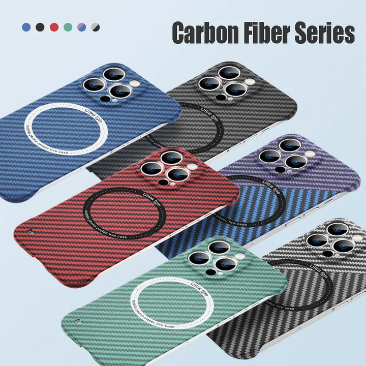 Skanto | Ultra tynn karbonfiber magnetisk etui for iPhone 16 15 ProMax 14 Plus 13 12 11 Pro Max Magsafe trådløs lading uten ramme deksel