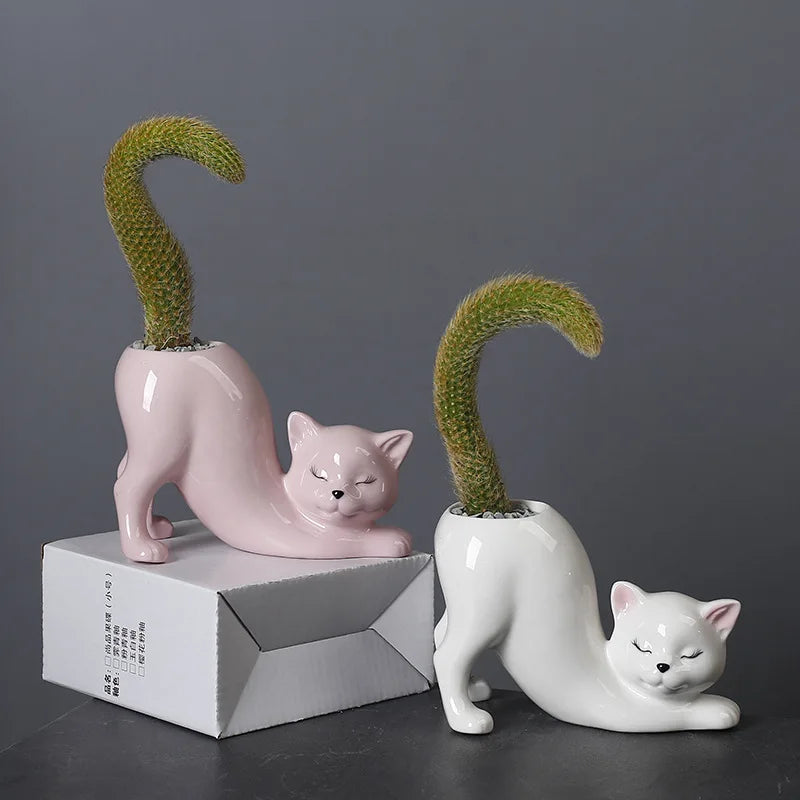 Søt katt blomsterpotte - Glasert porselen saftig planter | Skanto