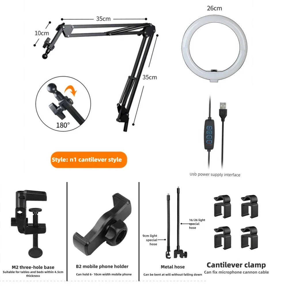 Skanto | LumiFlex LED-Ringlampe med fleksibel arm & telefonholder | 3 lysfarger & USB-port | Perfekt for livestream, video & selfie