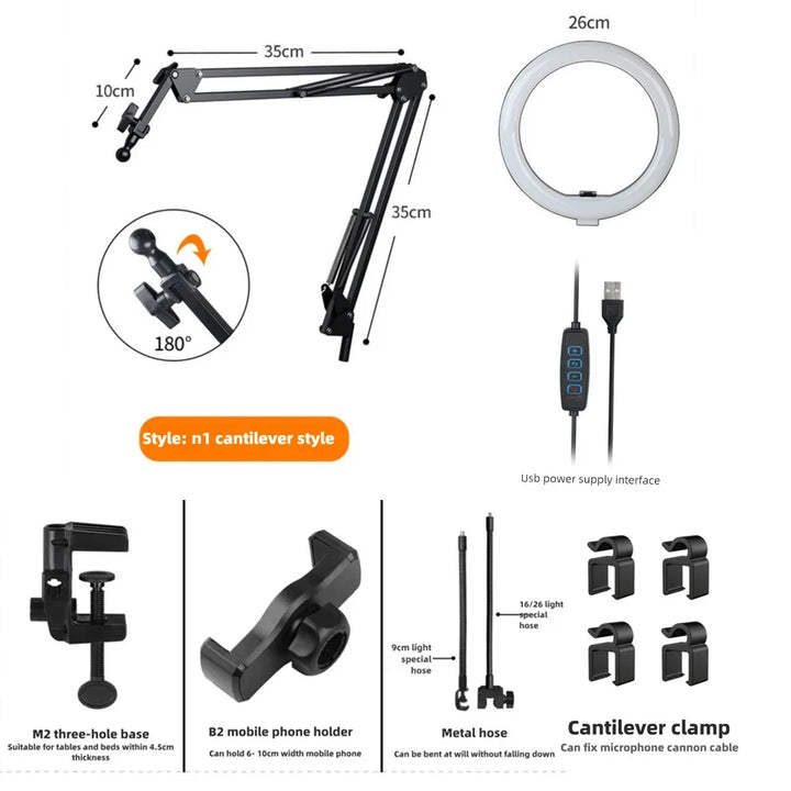 Skanto | LumiFlex LED-Ringlampe med fleksibel arm & telefonholder | 3 lysfarger & USB-port | Perfekt for livestream, video & selfie